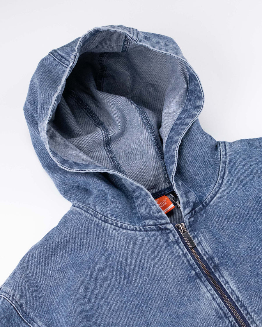 Washed Denim Zip Hoodie Jacket