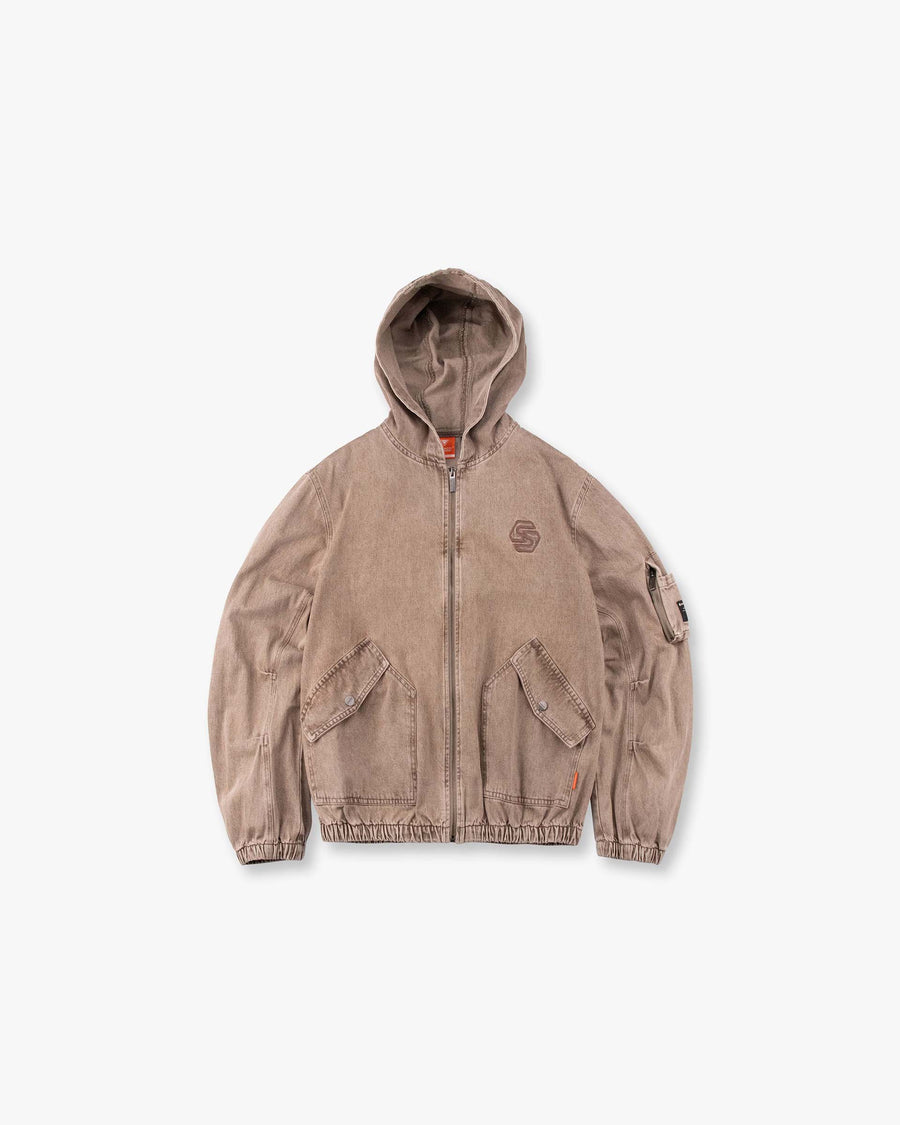 Washed Denim Zip Hoodie Jacket