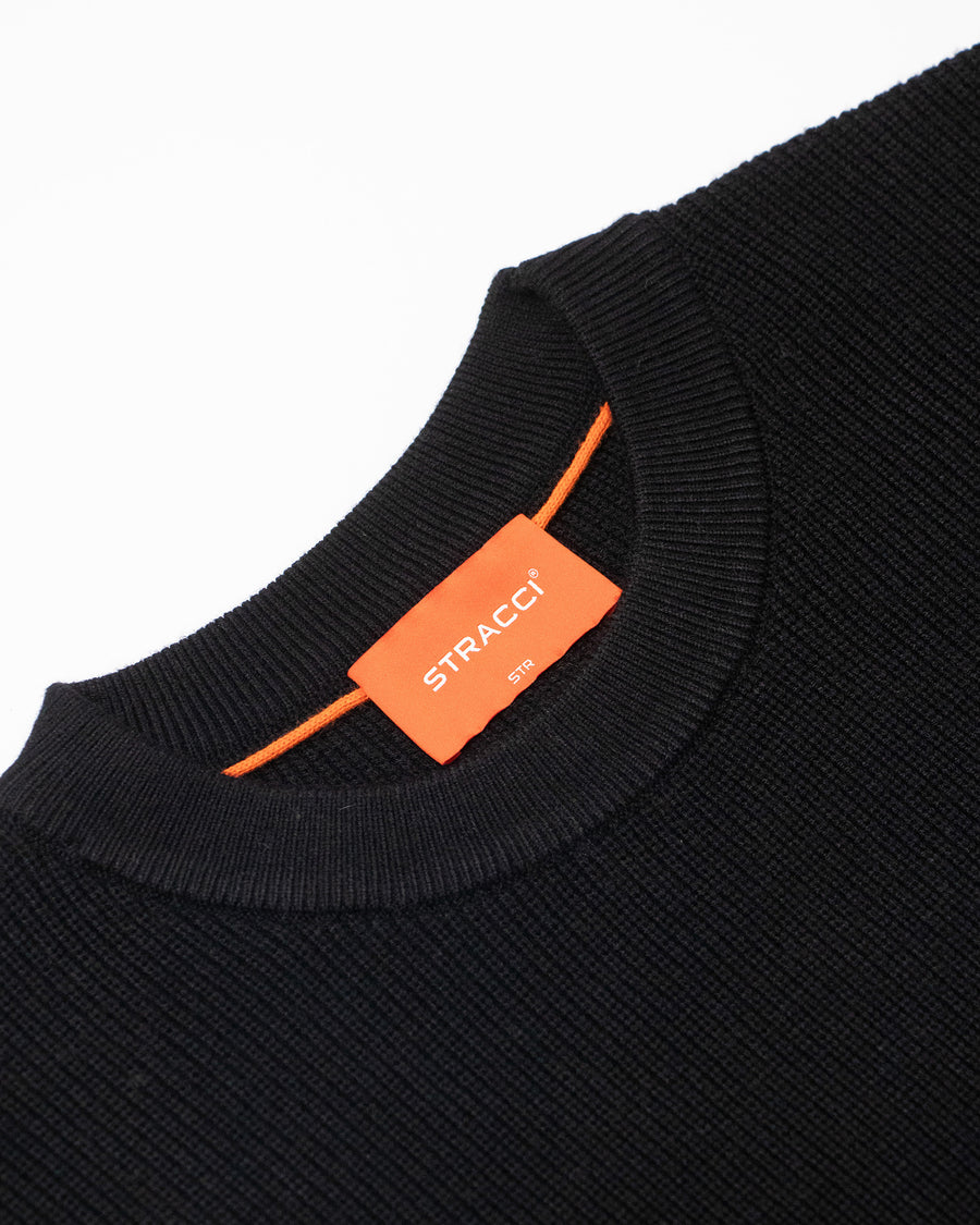 Half-Cardigan Rib Crewneck Sweater