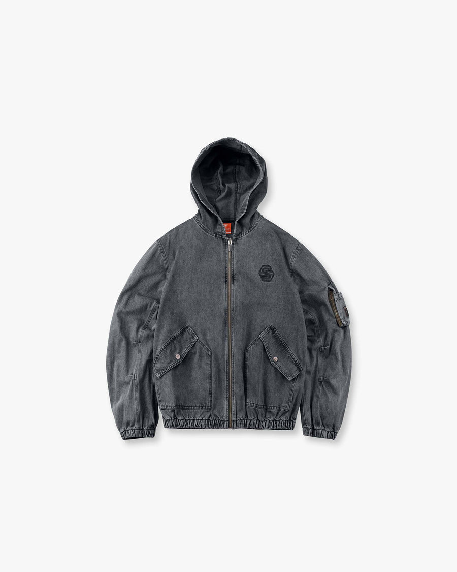 Washed Denim Zip Hoodie Jacket
